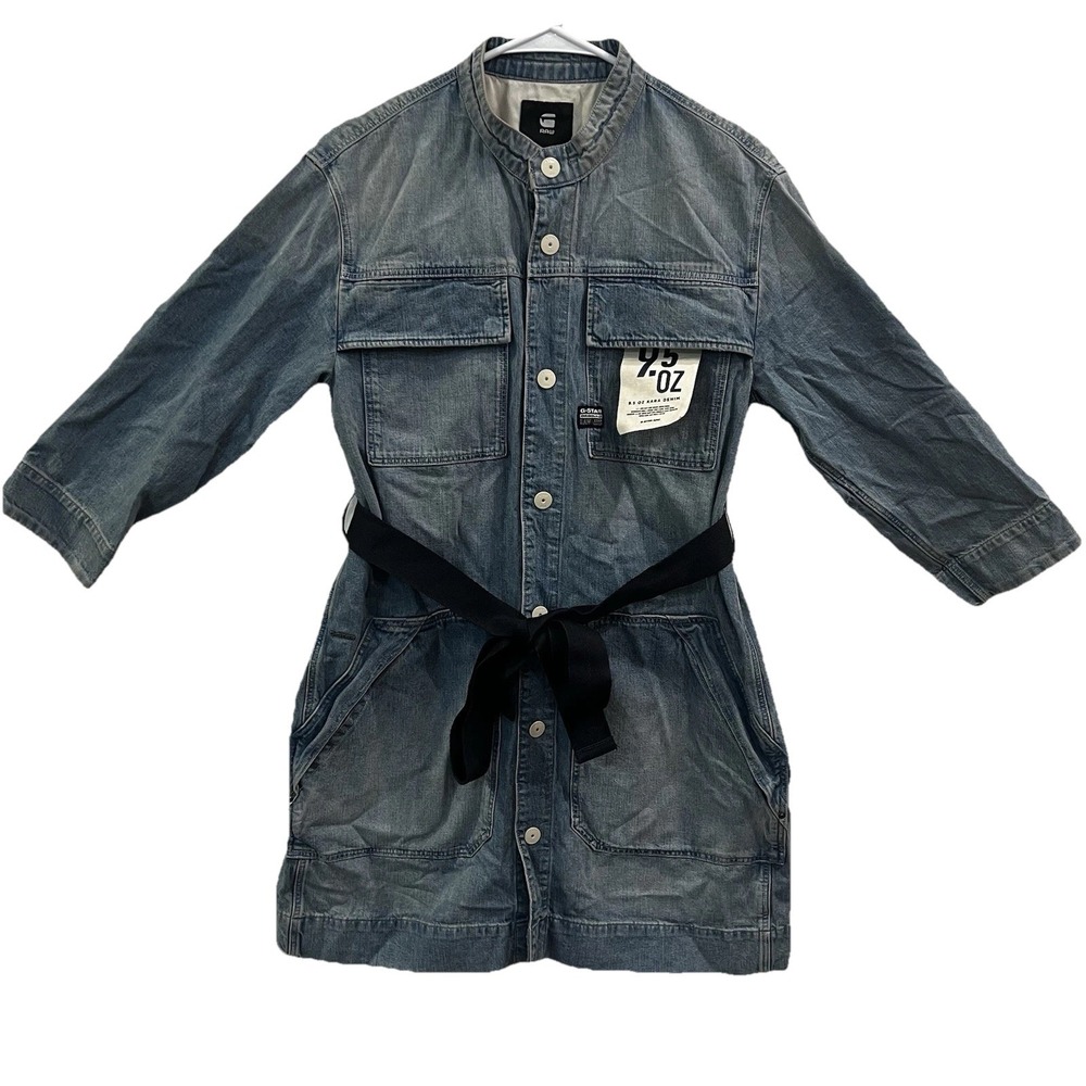 Gstar Raw Denim Shirt Dress‎ Size Large Belted 9.5oz Kara Denim Distressed NEW!